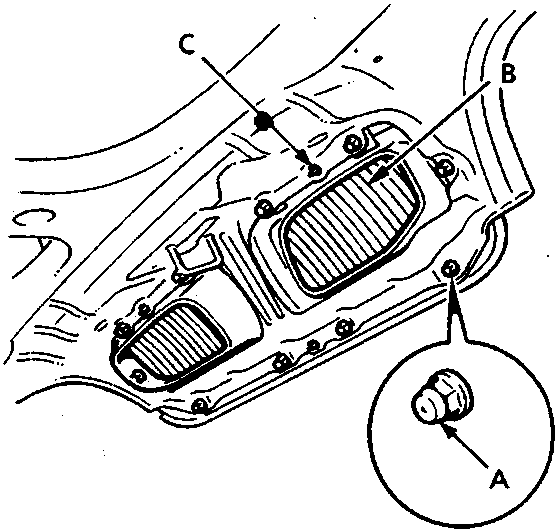 Diagram of front grille assembly showing plastic nuts, front grille, and locating pins.