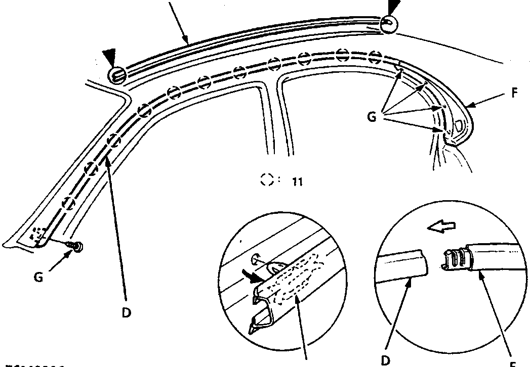 Diagram of roof and side window moulding assembly showing components A, B, C, D, E, F, G with callout lines and two circular inset detail views.