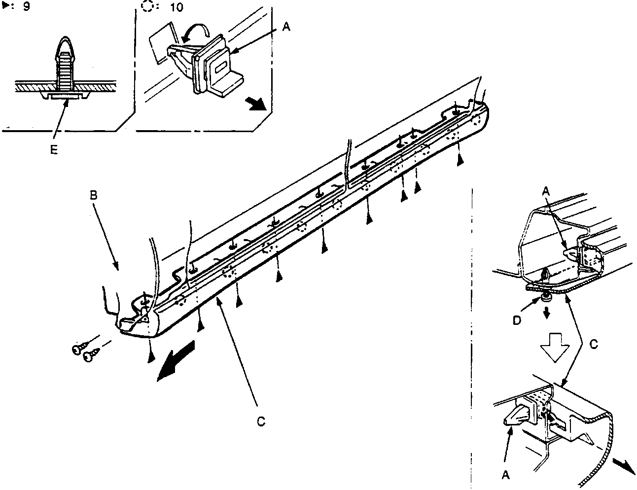 Diagram showing side sill panel, inner bumper, side clips, lower clips, and clip removal at position E