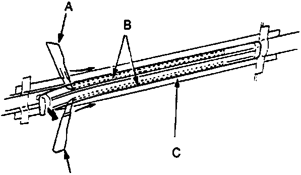 Diagram showing knife A cutting adhesive tape B on door moulding C, with knife D at the end, reference 76M 0970