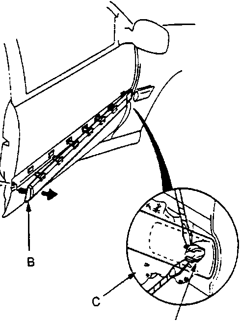 Diagram showing front door moulding installation with plastic nut A, front door moulding B, cloth C, and front clip A D, reference 76M 0971