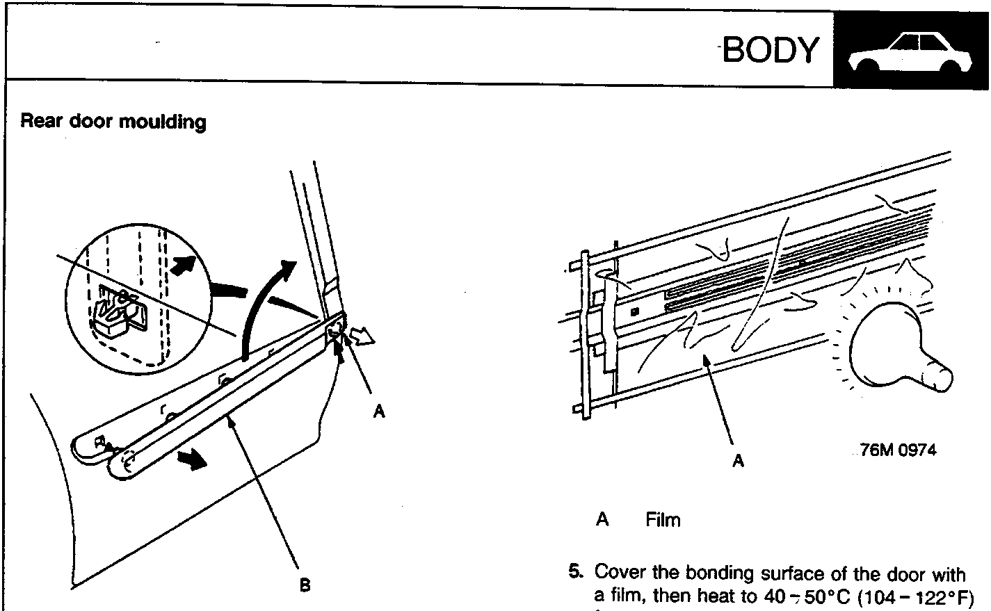 Diagram showing rear door moulding removal with callouts A (Front clip) and B (Rear door moulding), figure number 76M 0972