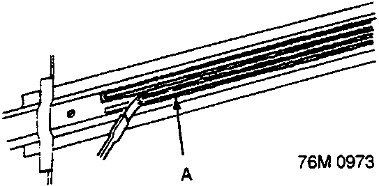 Diagram showing stripe remover tool applying substance to bonding surface, callout A (Stripe remover), figure number 76M 0973