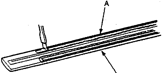 Diagram showing a tool labeled A (Stripe remover) being used to remove a strip from a component labeled B (Door moulding).