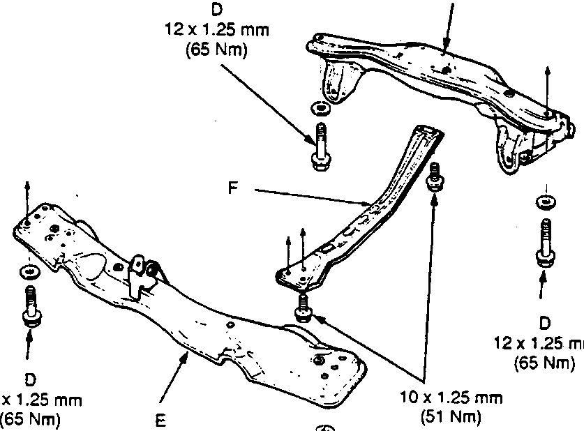 Exploded diagram of the sub-frame assembly showing the rear beam (C), front beam (E), centre beam (F), and special bolts (D) with their respective thread sizes and torque values.