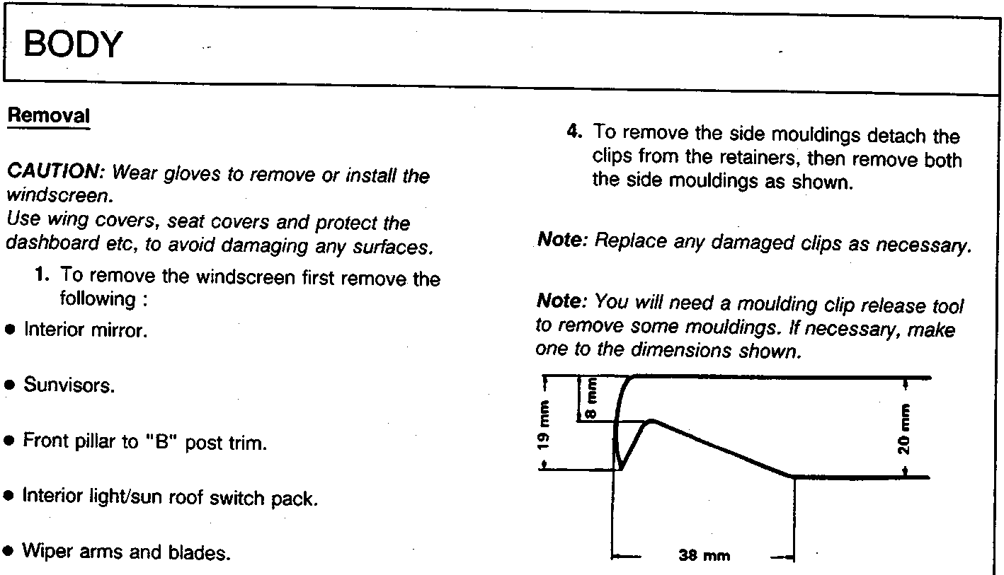Technical drawing of a moulding clip release tool with dimensions 19 mm, 8 mm, 20 mm and 38 mm