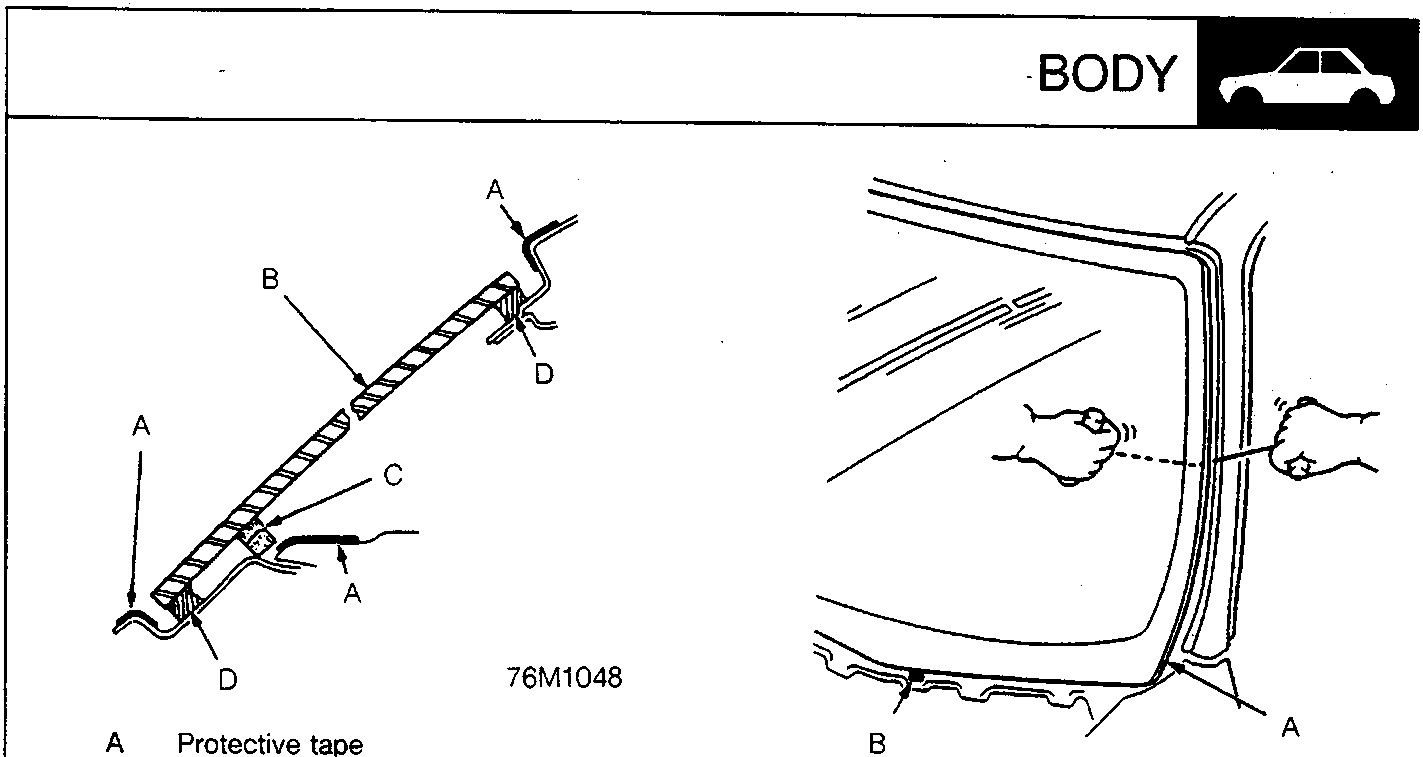 Diagram showing windscreen removal components including protective tape, windscreen, dashboard seal and adhesive (76M1048) and a view of the windscreen with lower spacers (76M1050).