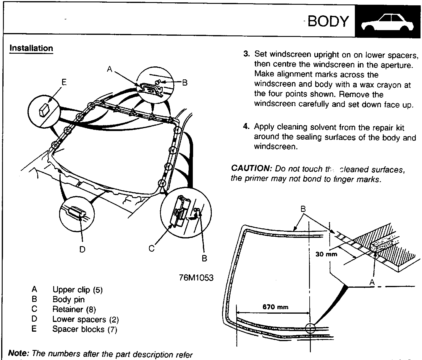 Diagram showing windscreen installation components including upper clips, body pins, retainers, lower spacers and spacer blocks with callouts A through E.