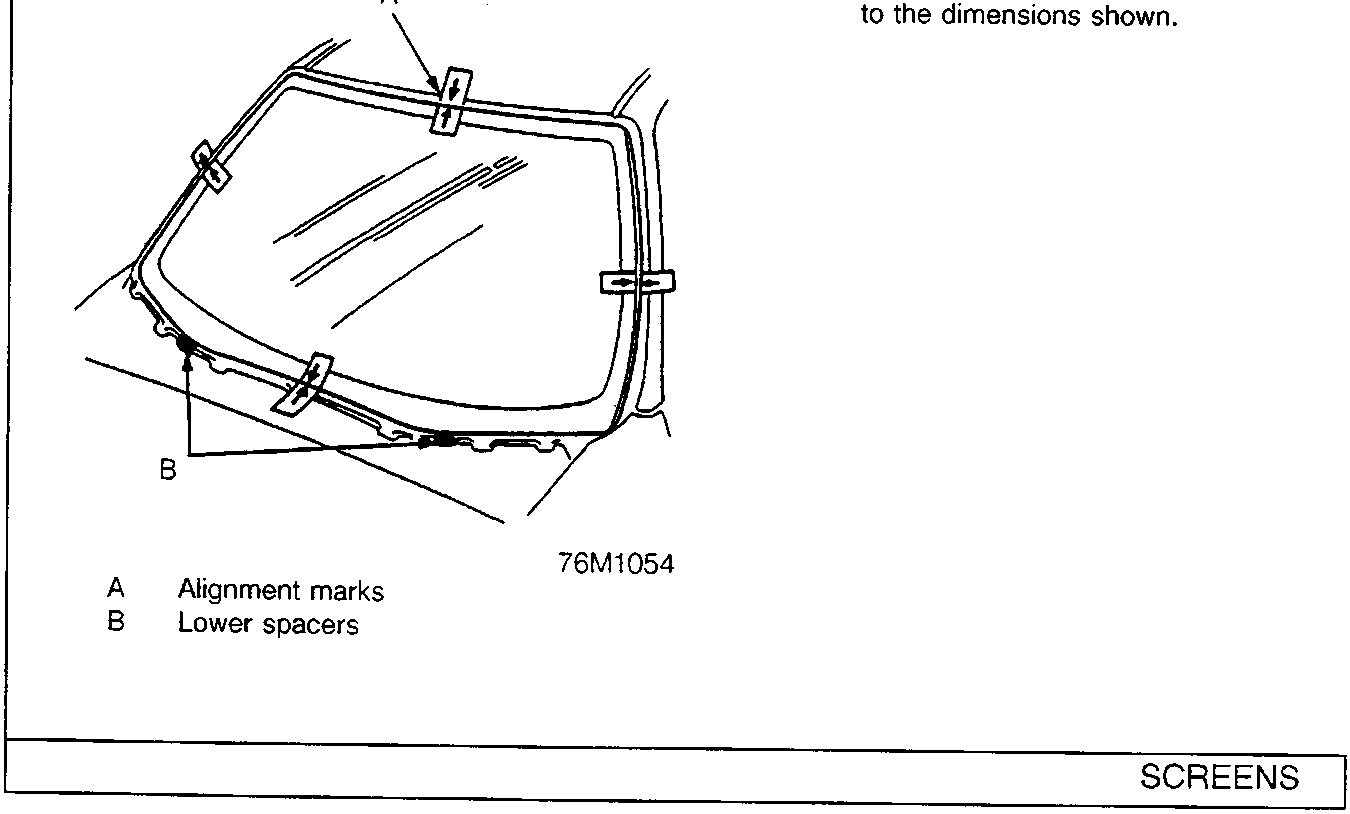 Diagram showing windscreen with alignment marks (A) and lower spacers (B) positioned for installation.