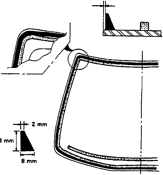 Technical diagram showing the cross-section profile of the adhesive bead applied to the windscreen, with dimension callouts of 1 mm, 2 mm, 13 mm, and 8 mm
