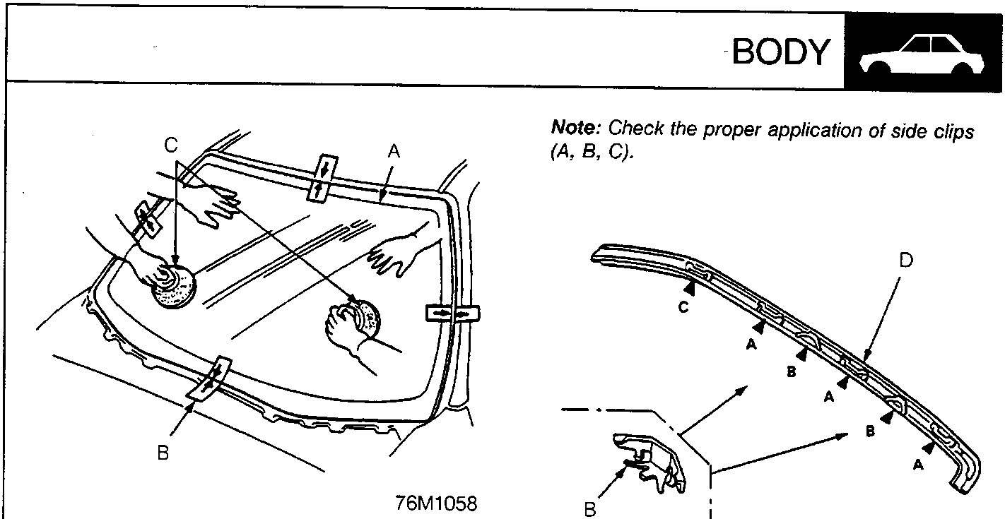 Diagram showing windscreen installation with alignment marks and suction cups, labeled A, B, C, D