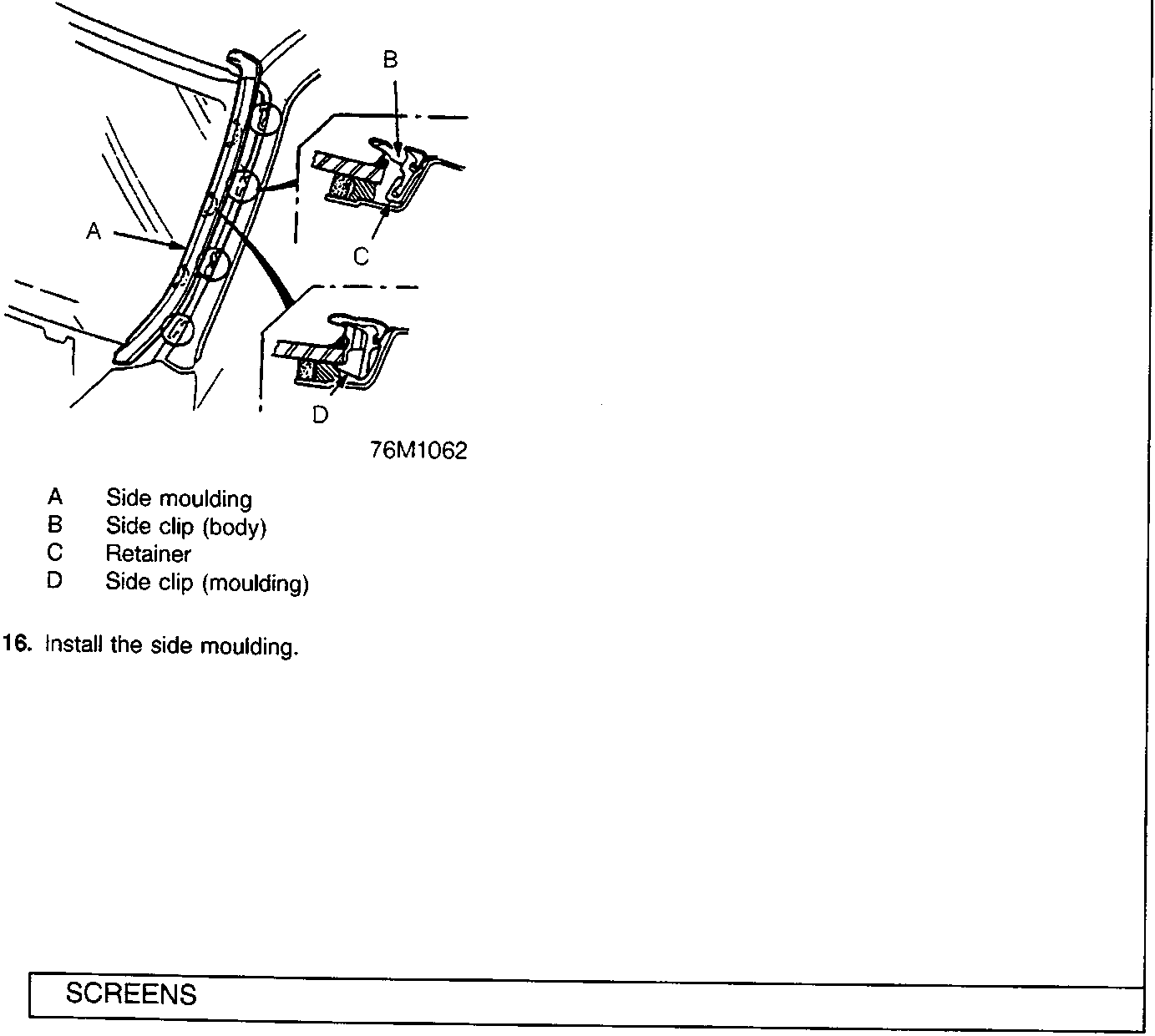 Diagram showing the side windscreen moulding and clips, with callouts A, B, C, and D.