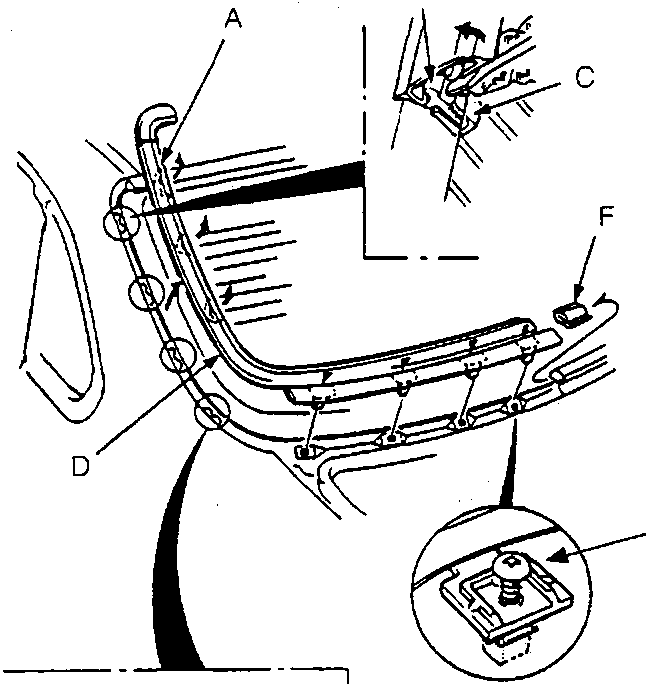 Diagram showing side clip, retainer, and side moulding components of the windscreen assembly