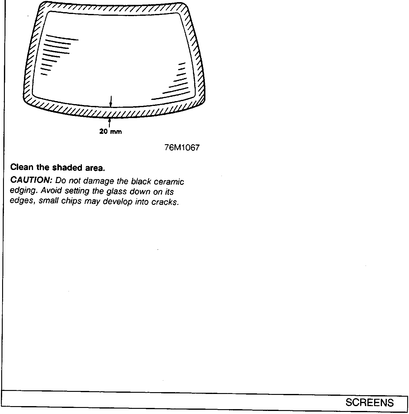 Diagram of a rear screen showing a shaded border area around the perimeter, with an arrow indicating a 20 mm width at the bottom edge. Figure number 76M1067.