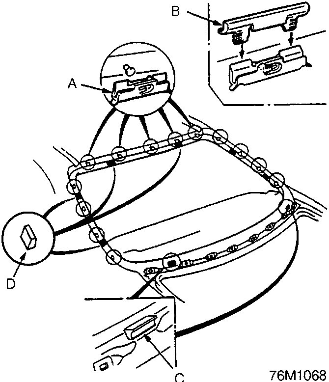 Diagram showing rear screen installation components labeled A, B, C, and D with callout details. Figure number 76M1068.