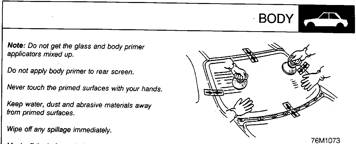 Diagram showing hands applying primer to a car rear screen using applicator pads
