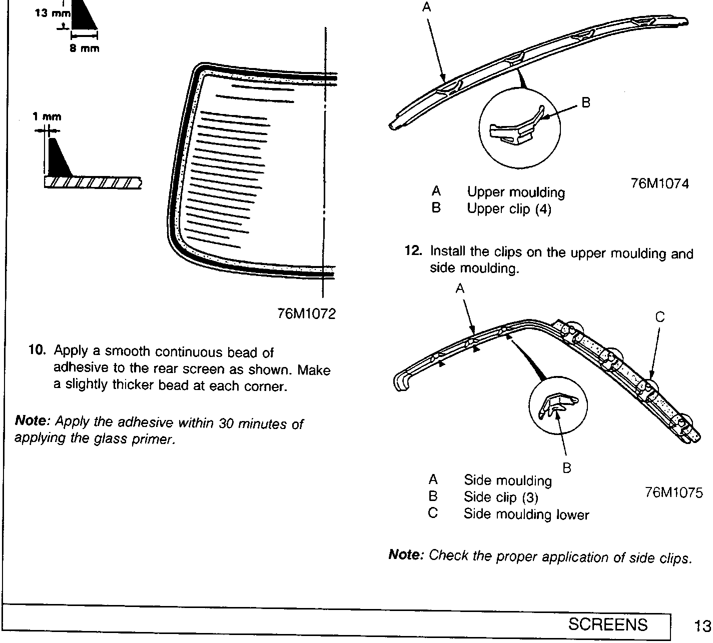 Technical diagrams showing adhesive bead profiles with dimensions (2 mm, 13 mm, 8 mm, 1 mm) and a rear screen corner; upper moulding with clip; side moulding with clips