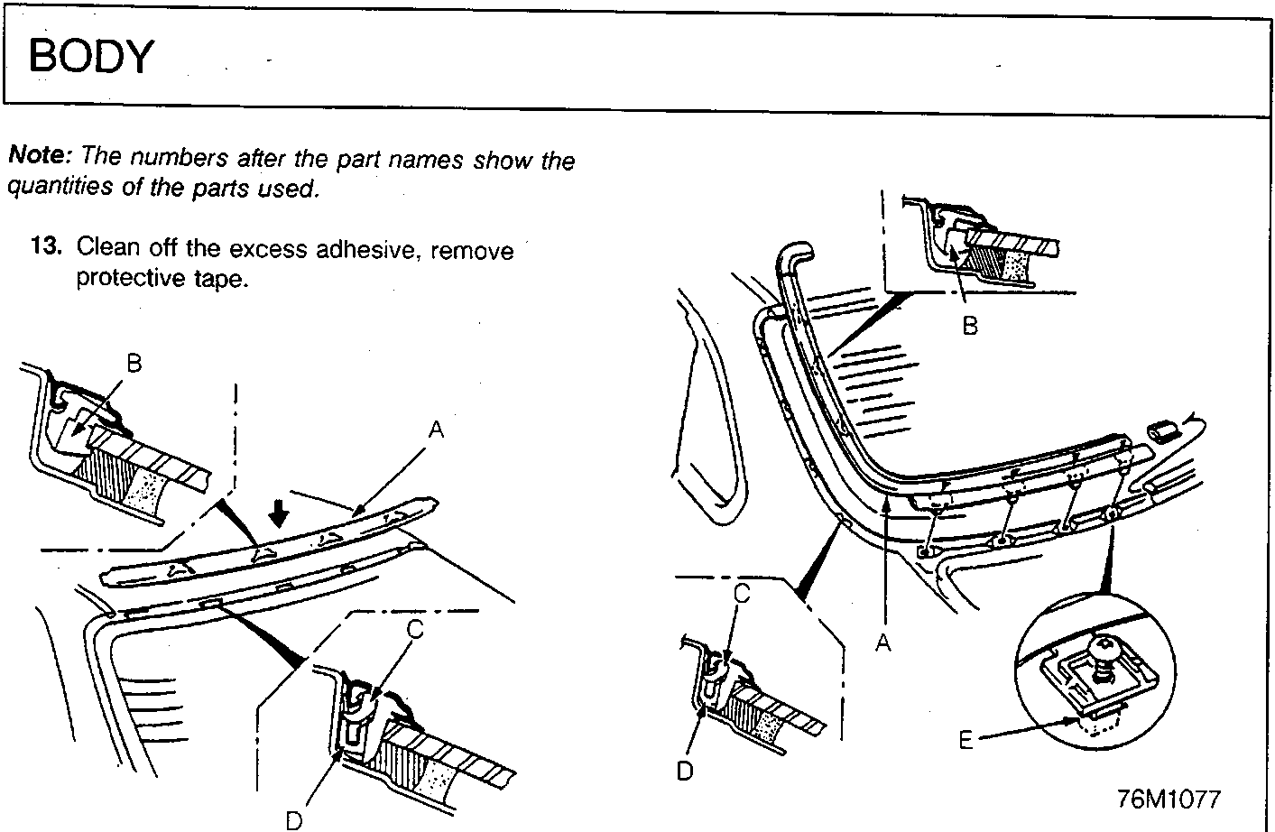 Diagram showing upper and side moulding installation with callouts A, B, C, D, E