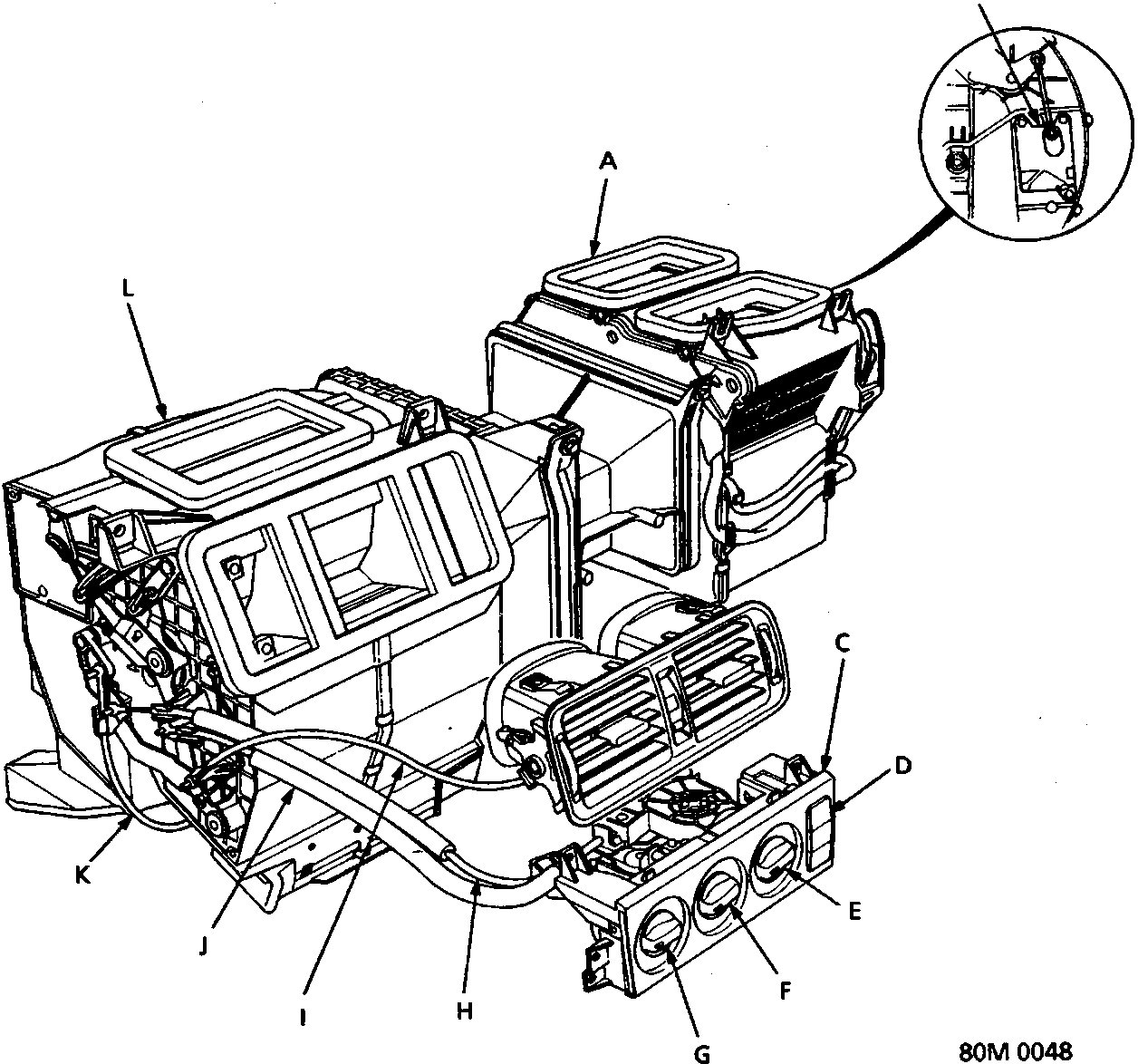 Exploded view diagram of the heating and ventilation system components, including blower unit, heater unit, control panel, and associated cables and switches.