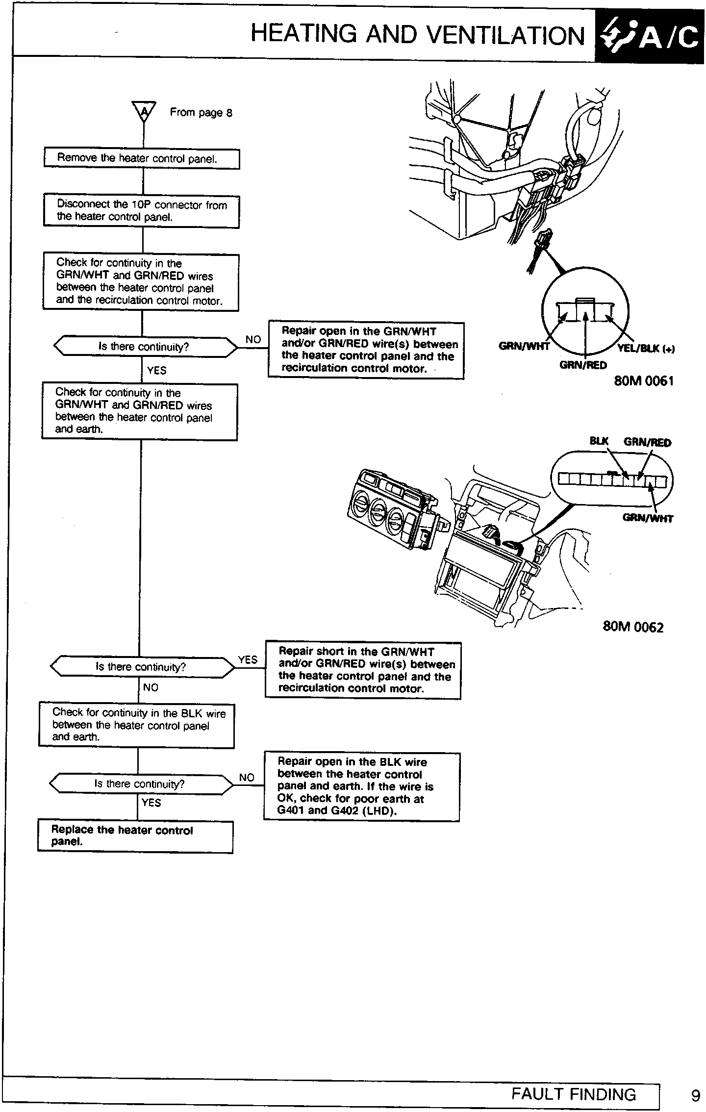 Diagram showing the heater control panel wiring connector and a close-up of the terminal layout with wire labels GRN/WHT, YEL/BLK (+), and GRN/RED.