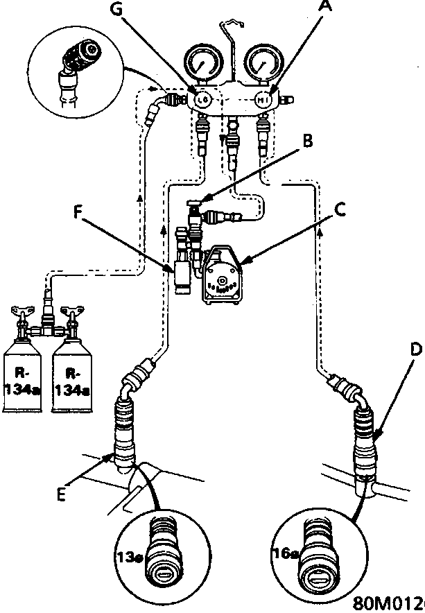 Diagram of a two-valve gauge setup showing connections between gauges, vacuum pump, refrigerant cans, and vehicle service ports.
