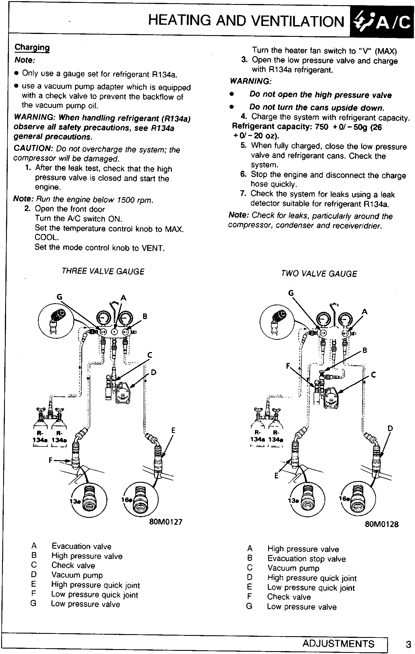 Diagram of a three valve gauge setup showing connections between gauges, valves, vacuum pump, and refrigerant cans, labeled A through G.