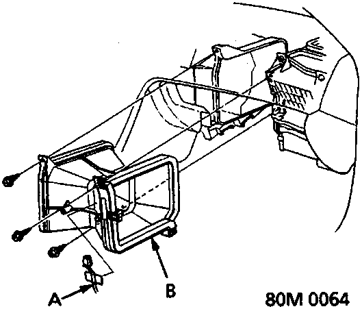 Diagram showing A/C thermostat harness connector and heater duct removal with callouts A and B, figure number 80M 0064