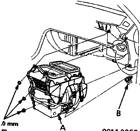 Diagram showing blower unit and connectors removal with callouts A and B, torque specification 6 x 1.0 mm 10 Nm, figure number 80M 0065