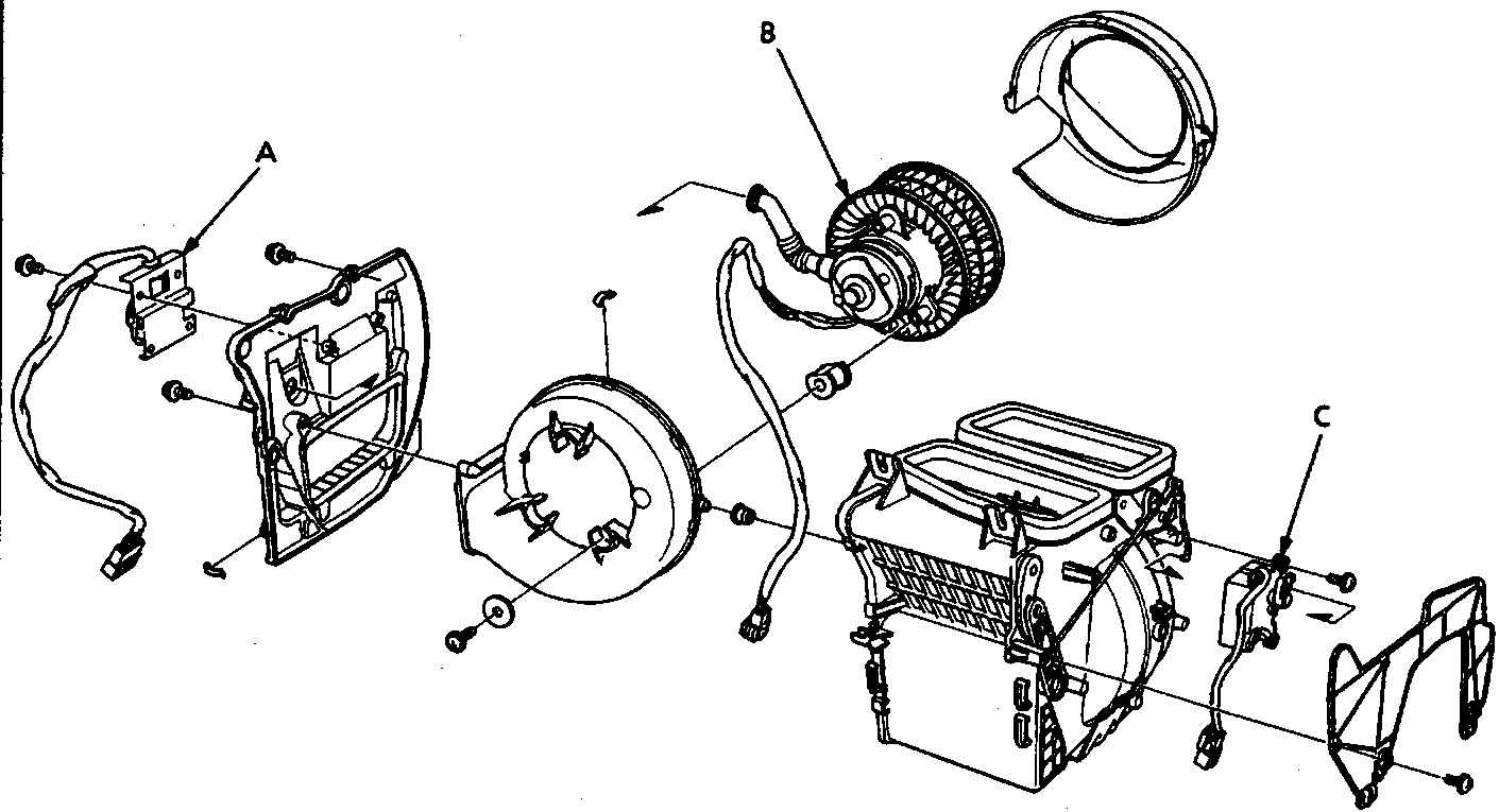 Exploded view diagram of blower resistor, blower motor, and recirculation control motor assembly