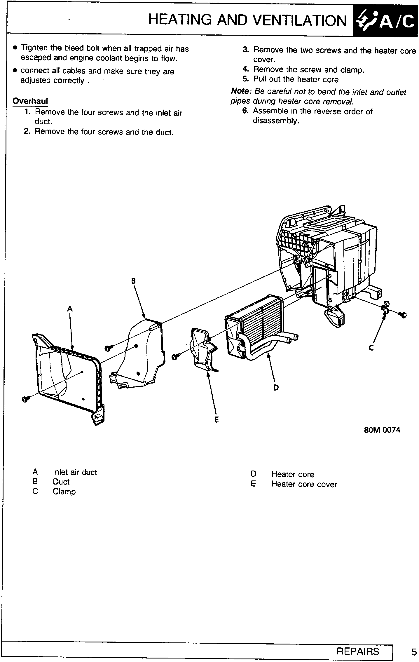 Exploded view diagram of the heater assembly showing components labeled A through E, with figure number 80M 0074.