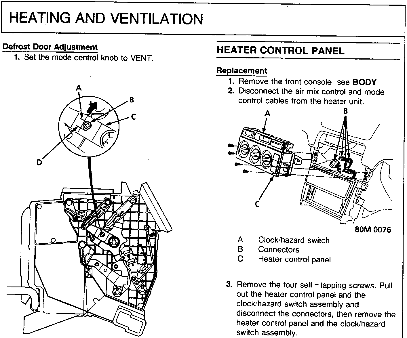 Diagram of heater unit defrost door mechanism with callouts A, B, C, D