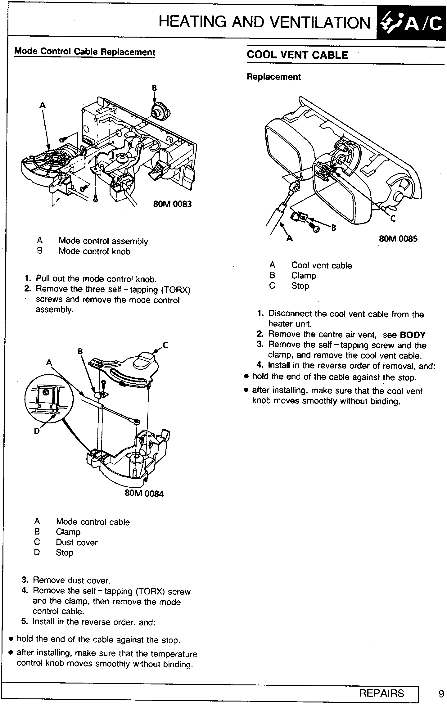 Diagram of mode control assembly showing labels A and B, figure number 80M 0083