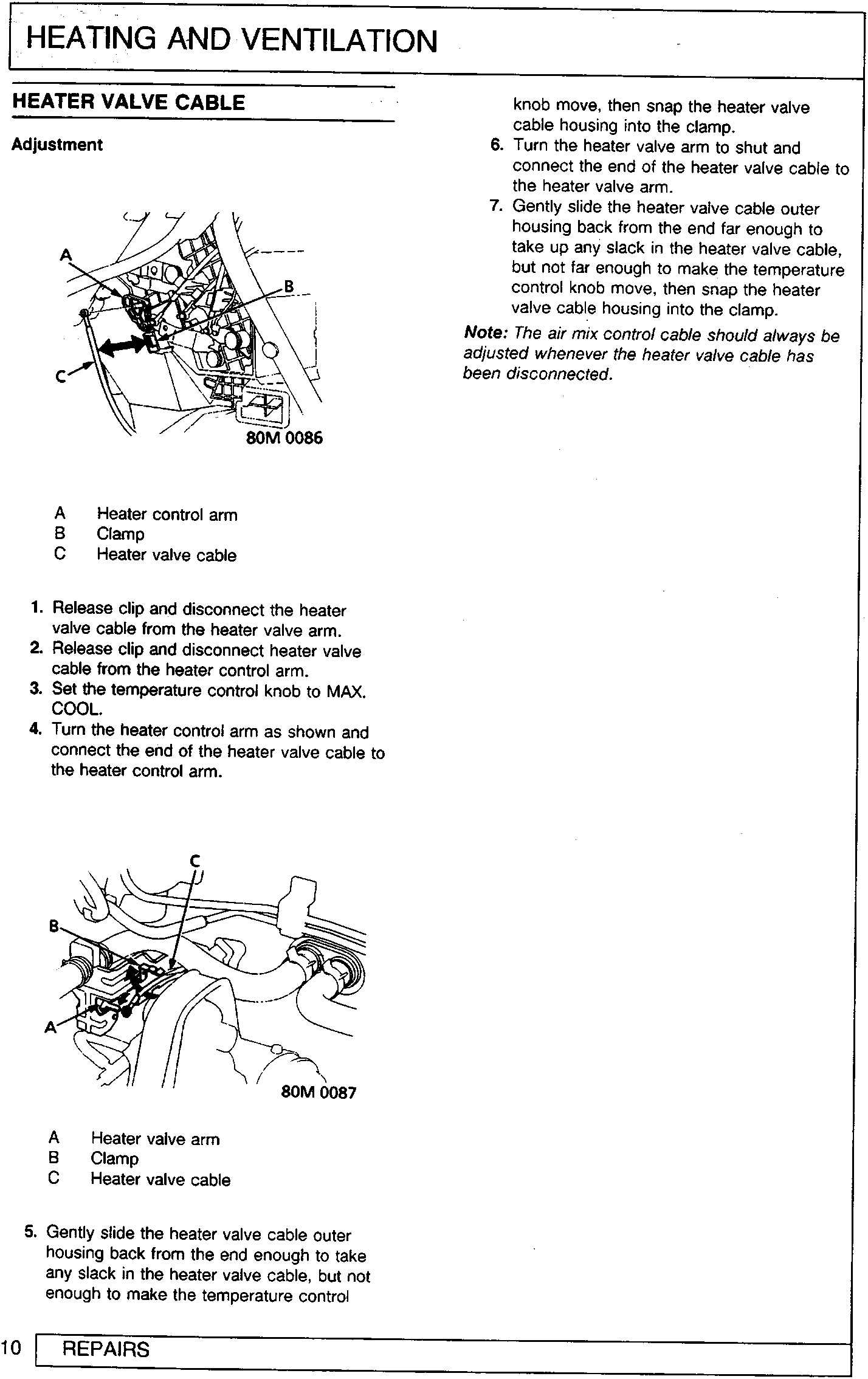 Diagram showing heater control arm, clamp, and heater valve cable connections