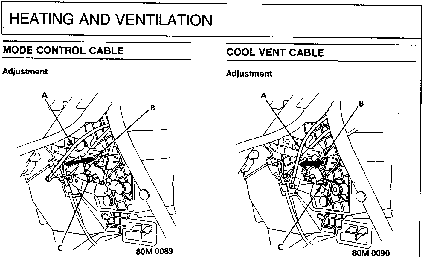 Diagram of mode control cable adjustment showing components A, B, and C