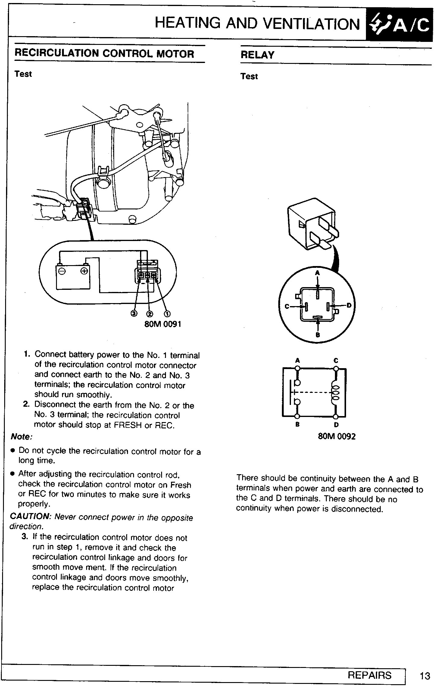 Diagram showing the recirculation control motor connector with a battery connected to terminals labeled 1, 2, and 3. Figure number 80M 0091 is printed below.