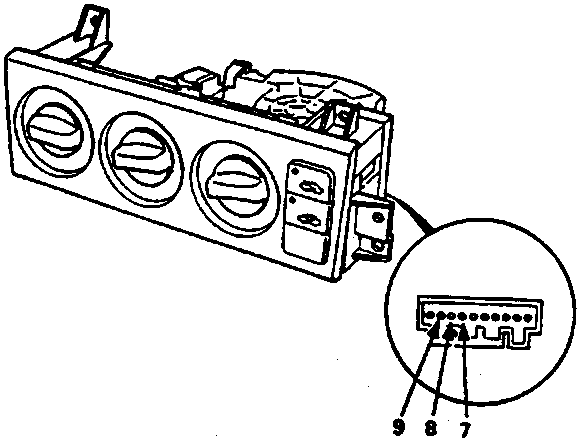 Recirculation control switch assembly showing the rear connector with terminals numbered 7, 8, and 9