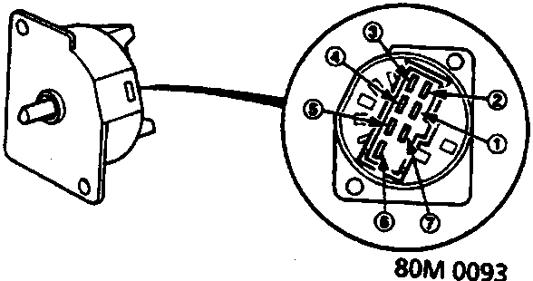Heater fan switch assembly showing the rear connector face with terminals numbered 1 through 7