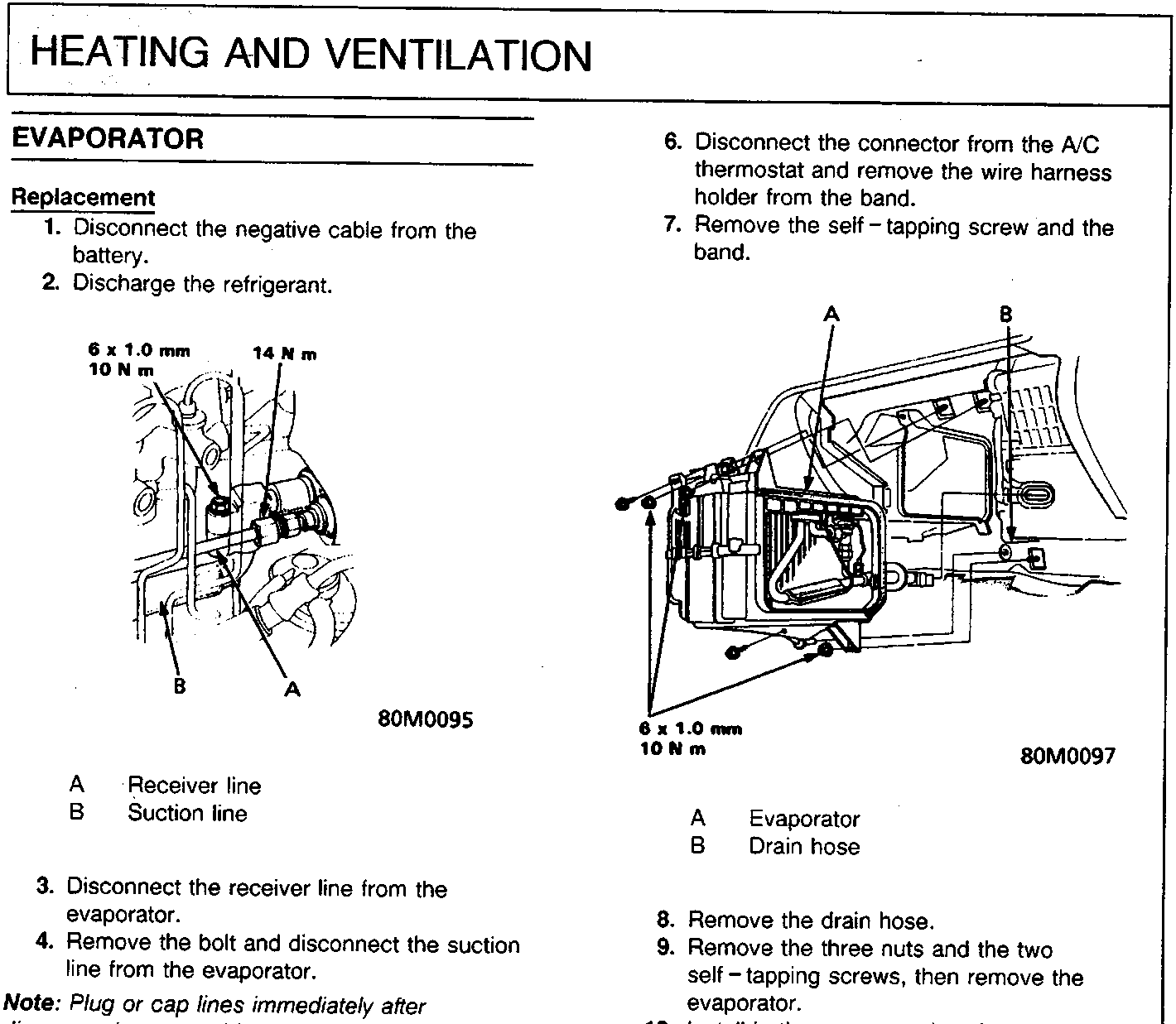 Diagram showing receiver line and suction line connections with torque specifications 6 x 1.0 mm, 14 N m, 10 N m