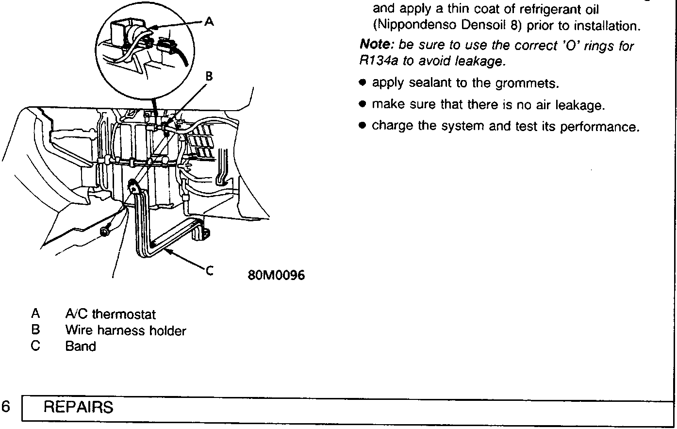 Diagram showing A/C thermostat, wire harness holder, and band locations