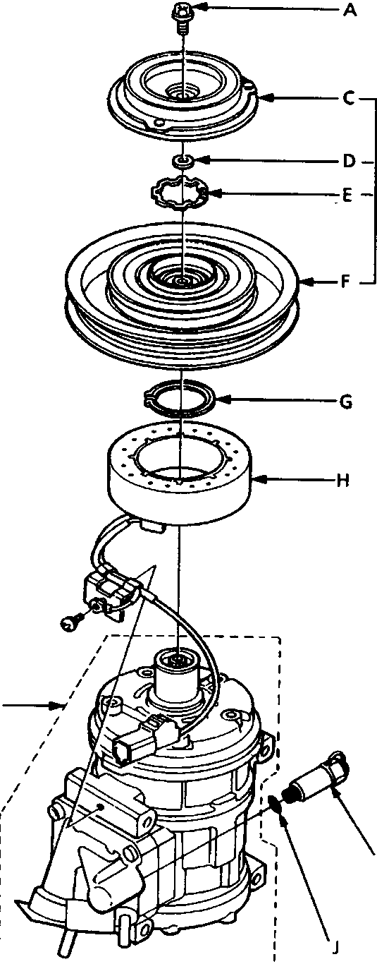 Exploded view diagram of the A/C compressor clutch assembly showing parts A through K