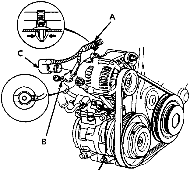 Diagram of alternator assembly showing harness holder, connector, and terminal with callouts A, B, C