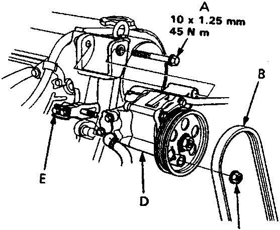 Diagram of power steering pump assembly showing mounting bolts, adjusting bolt, and belt with callouts A, B, C, D, E and torque specifications 10 x 1.25 mm 45 N m and 8 x 1.25 mm 22 N m