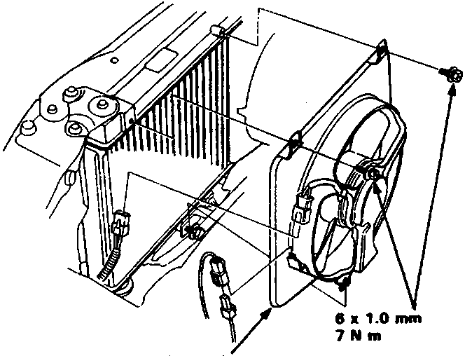 Diagram of condenser fan shroud showing mounting points with specification 6 x 1.0 mm 7 N m