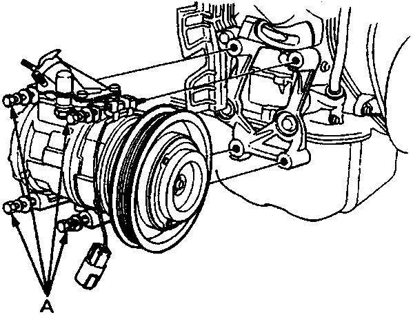 Diagram of compressor mounting bolts showing specification 8 x 1.25 mm 22 N m