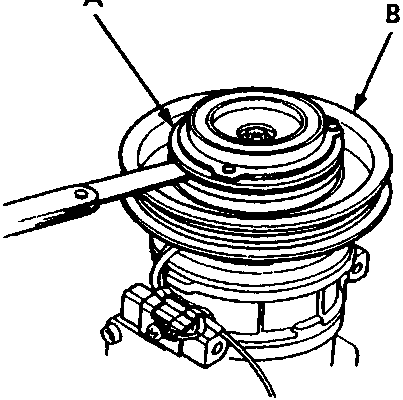 Diagram of compressor pressure plate and pulley assembly with callouts A and B