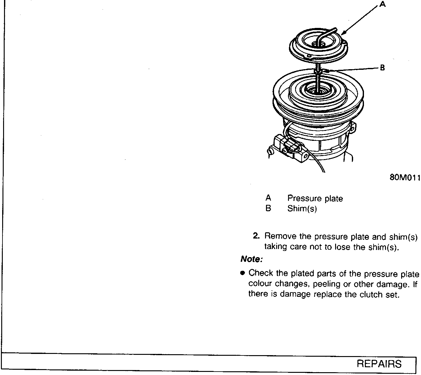 Diagram showing the pressure plate and shims being removed from the clutch assembly