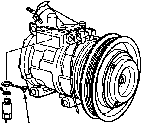 Diagram of compressor showing relief valve cap, relief valve, and 'O' ring