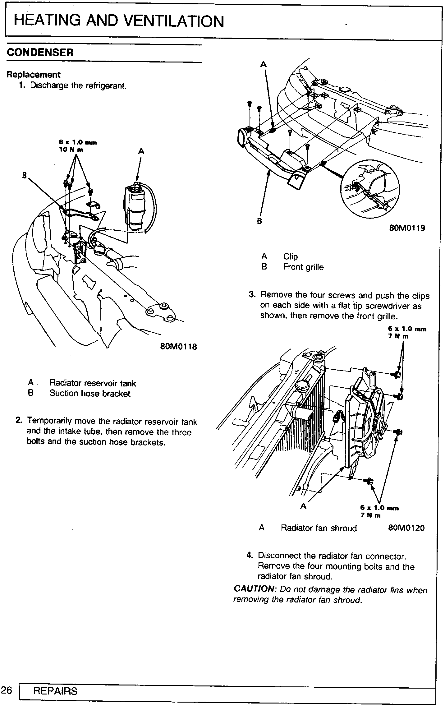 Diagram showing radiator reservoir tank and suction hose bracket with torque specification 6 x 1.0 mm 10 N m