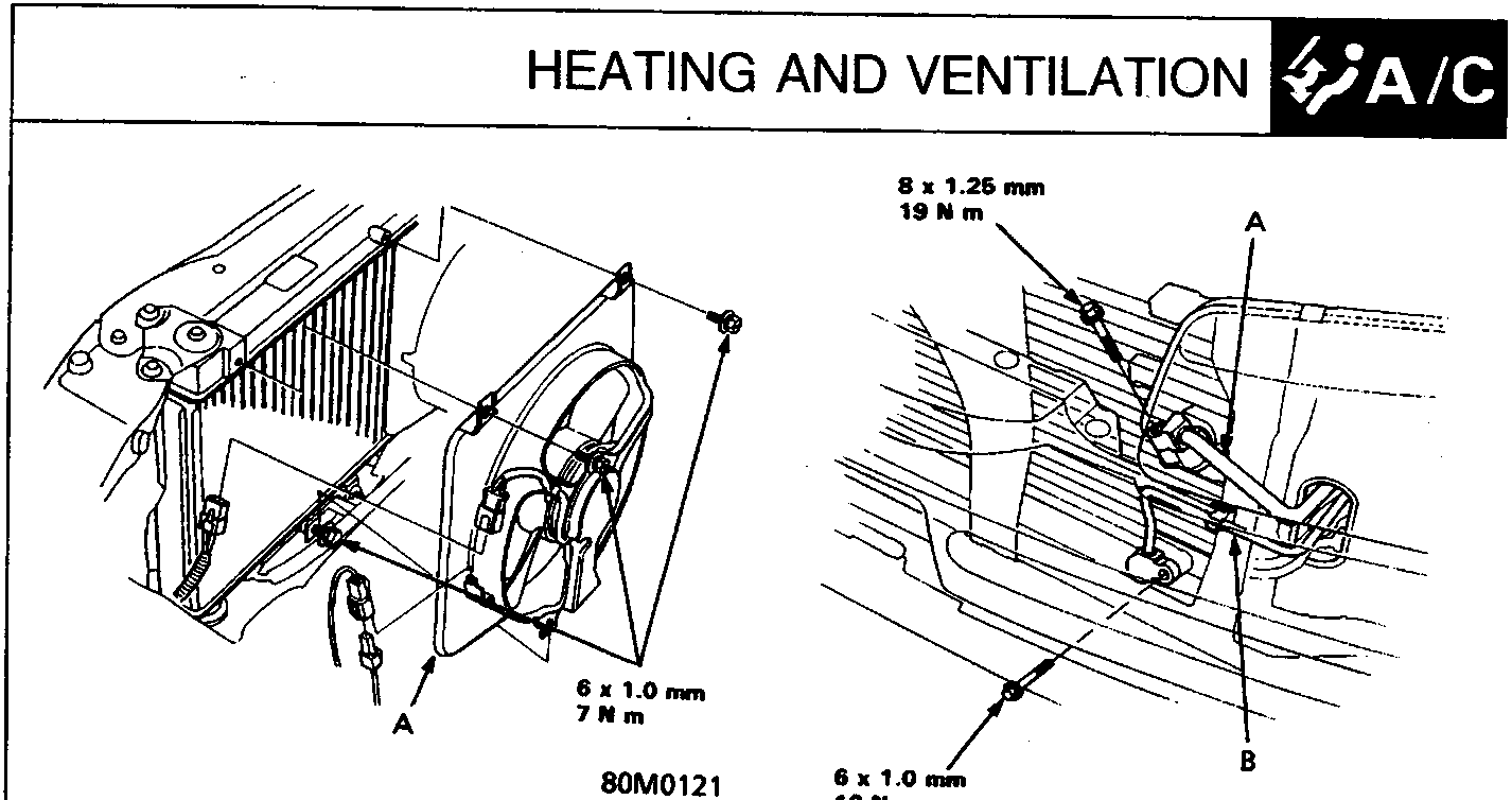 Two technical diagrams showing the condenser fan shroud and discharge line mounting points with bolt specifications.