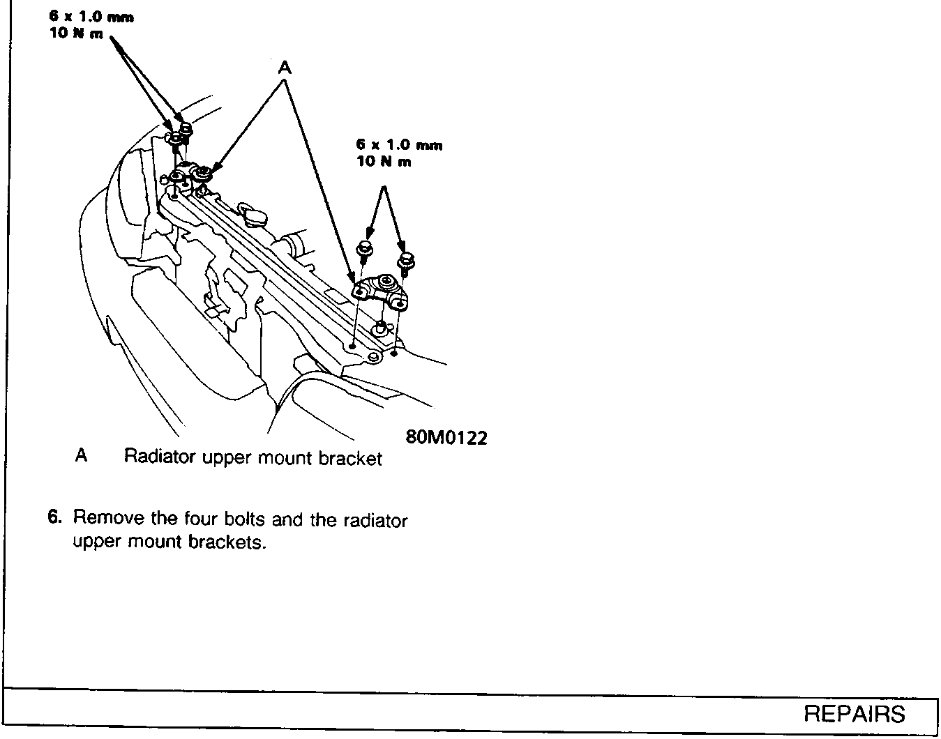 Technical diagram of the radiator upper mount bracket showing bolt locations and torque specifications.